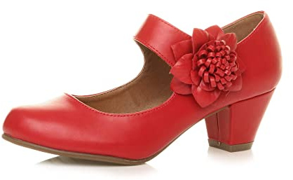 Ajvani, kvinnor, damer, låg block, kitten heel-klack, Mary Jane stil, blomma, läderfodrade arbetsskor, pumps, storlek., Röd, 39 EU
