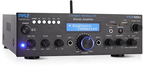 Trådlöst Bluetooth-kraftförstärkarsystem – 200 W stereomottagare med dubbla kanaler, SD, AUX, MIC IN w/Echo, radio, LCD – hemmabiounderhållning via RCA, Pyle PDA6BU