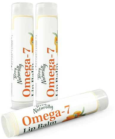 Terry Naturally Omega 7 Lip Balm - Hydrating Lip Care for Dry & Cracked Lips - Moisturizing Lip Balm with Organic Beeswax & Coconut Oil - Sea Buckthorn Seed Oil for Soothing Lip Care - 3 Pack