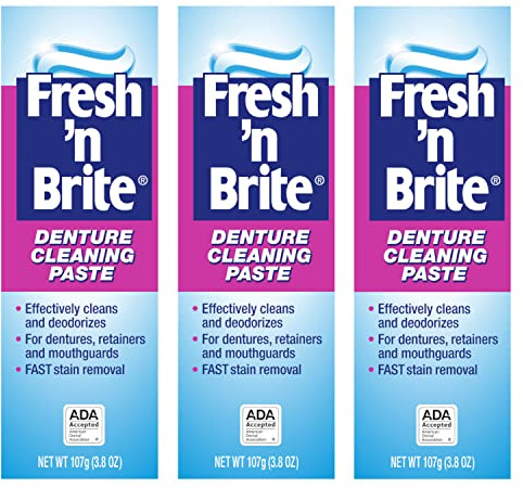 Fresh 'n Brite Denture Cleaning Paste For Dentures, Removable Partial Dentures, Retainers, Mouthguards, Nightguards, Fast Stain Removal, pack of 3, 3.8 oz Tubes