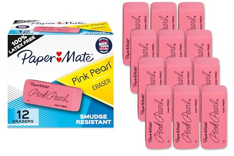 Paper Mate Erasers, Pink Pearl, 12 Count - Latex Free and Smudge Resistant, Back to School, Teacher Supplies