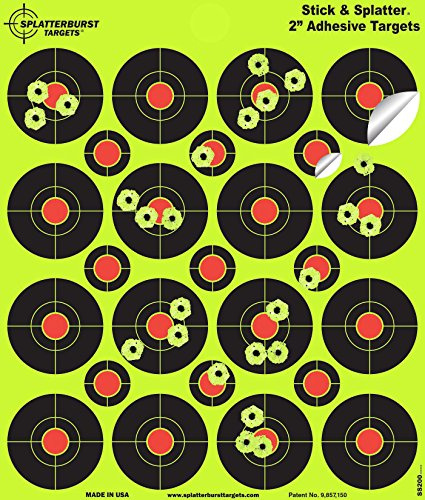 25 Pack - (400) 2 Stick & Splatter Adhesive SPLATTERBURST Shooting Targets - Instantly See Your Shots Burst Bright Fluorescent Yellow Upon Impact - Great for all firearms, rifles, pistols, AirSoft, BB & Pellet guns!