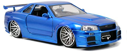 Jada Toys Fast & Furious Brian's 2002 Nissan Skyline GTR-R R34, Auto, Spielzeugauto aus Die-cast, öffnende Türen, Kofferraum & Motorhaube, Maßstab 1:24, blau