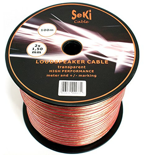 SeKi Câble d'enceinte 2 x 1,50 mm² - 100 m - Transparent - CCA - Câble audio - Câble d'enceinte