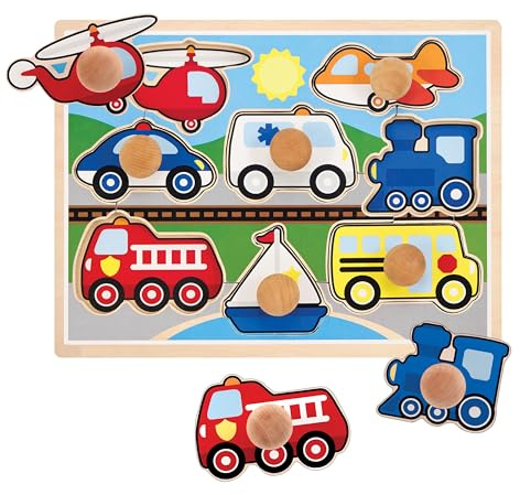 Melissa & Doug Vehicle Jumbo Knob Puzzle, Wooden Peg Puzzle for Toddlers, Educational Toy for Shape Recognition and Fine Motor Skills, Ages 1+