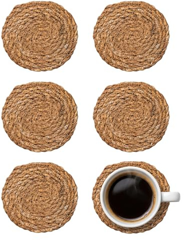 Argon Tableware Round Coasters - 10cm - Pack of 6 - Woven Typha Bar Drink Mat Table Protector Coasters for Kitchen, Home, Bar, Restaurant, Weddings, Events