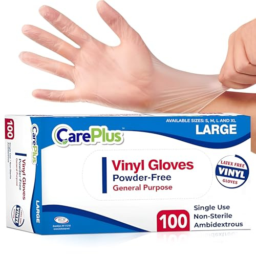 CARE PLUS Latex-Free Vinyl Gloves Clear Large Size 100 Count | Heavy Duty, Non-Sterile, Powder-Free, Rubber | Food Prep, Kitchen & Cleaning Gloves, Ideal for Professional Use