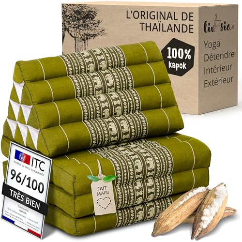 livasia cuscino a cuneo kapok - 175x50x8cm - materasso pieghevole a 3 segmenti, cuscino per la schiena pieghevole, tappetino thai, fatto a mano (Verde/Elefanti)