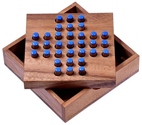 Solitär Gr. S - Solitaire - Steckspiel - Denkspiel - Knobelspiel - Geduldspiel - Logikspiel aus Holz - Blaue Stecker