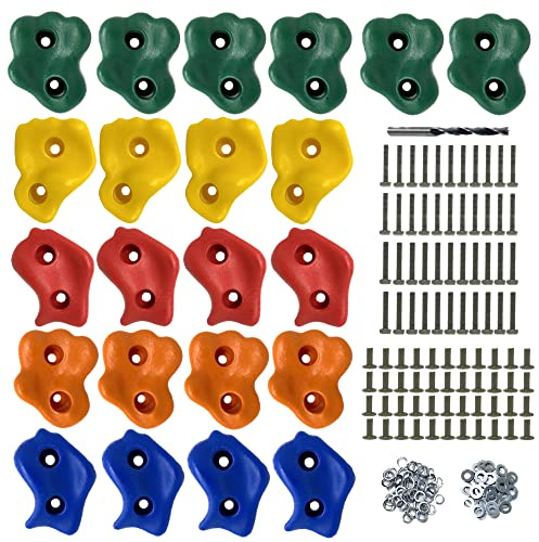 Safe Kidz 22 Assorted Deluxe Rock Climbing Holds for Kids - Outdoor Climbing Stones Kit with 44 Swing Safe Fasteners + Drill Bit Easy to Install on Lumber from 3/4 to 1.25 Thick