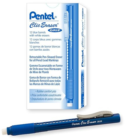 Pentel Clic Eraser Grip, Retractable Eraser, Blue Barrel, Box of 12 (ZE22C)
