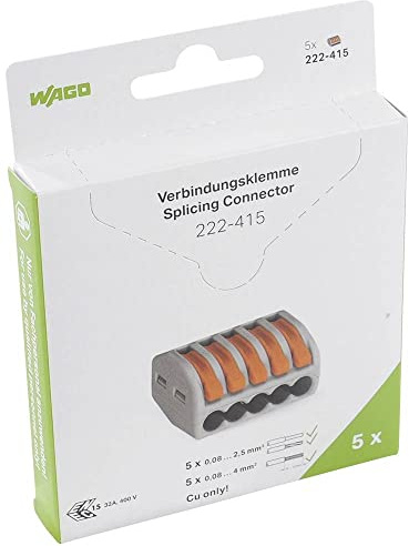 WAGO Lot de 5 bornes de connexion Classic 222-415/995-005 - 5 conducteurs, jusqu'à 4 mm² - Connecteurs de câbles classiques avec leviers pour tous les types de conducteurs dans le monde entier -