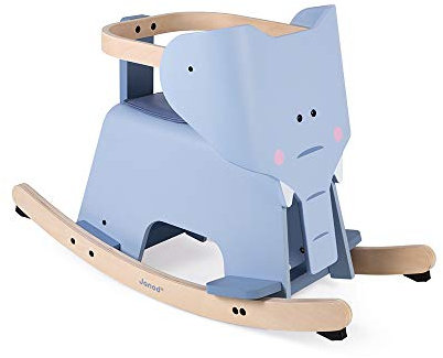 Janod - Schaukel-Elefant aus Holz - Baby- und Kleinkindspielzeug - Entwicklung des Gleichgewichtssinns - Kippschutzsystem, Fußstütze, abnehmbarer Sattel und Sicherheitsbügel - Ab 1 Jahr, J08024