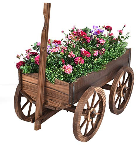 Giantex Wood Wagon Flower Planter Pot Stand W/Wheels Home Garden Outdoor Decor