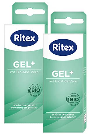 Ritex Gel+ mit Bio Aloe Vera – Gleitgel wasserbasiert natürlich 2 x 50 ml, Bio Gleitgel schützt & pflegt, frei von Duft- und Farbstoffen – kondomgeeignet, dermatologisch getestet, Made in Germany