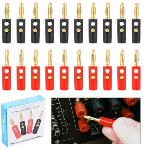 KEESIN Bananenstecker, 10 Paare Bananensteckern 4mm, Bananenstecker lautsprecher, Vergoldeter Audio-Lautsprecherstecker (Tippe A)