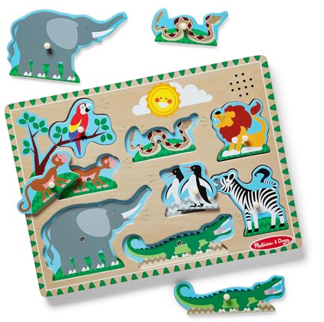 Melissa & Doug Zoo Animals Sound Puzzle - Wooden Peg Puzzle With Light-Activated Sound Effects (8 pcs) Animal Noise Puzzles for Toddlers 2+