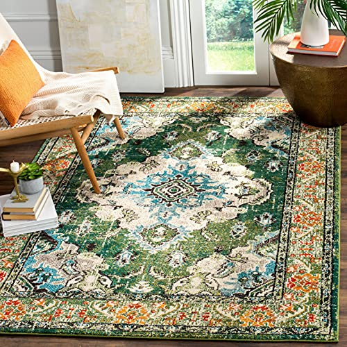 SAFAVIEH Tapis Boho Pour Salon, Salle à manger, Chambre à coucher - Monaco Collection, Tapis à poil court, Vert forêt et bleu clair, 155 X 231 cm