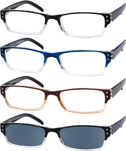Eyekepper Paquete de 4 Gafas de lectura rectangulares para hombre y mujer con bisagras de resorte y lentes de protección solar +0,50