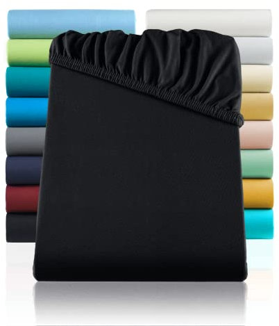 SHC by BaSaTex Jersey Spannbettlaken Bettlaken | Spannbetttuch Spannleintuch für Wasserbetten & Boxspringbetten aus 100% Baumwolle | 200x220 Farbe Schwarz