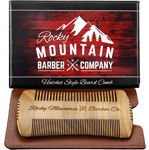 Beard Comb - Sandalwood Natural Hatchet Style for Hair - Anti-Static & No Snag, Handmade Wide & Fine Tooth Contour Brush Best for Beard & Moustache with Carrying Case Pouch