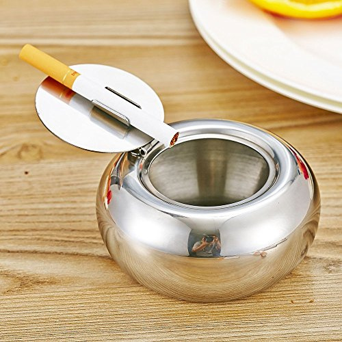 Itian Acier Inoxydable Cendrier Tambour Forme Cendrier avec Couvercle, Cigarette Cendrier pour L'intérieur ou à L'usage Extérieur (Argent)