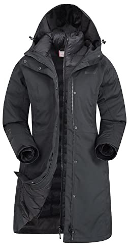 Mountain Warehouse Alaskan Womens 3 In 1 Long Jacket - Waterproof, Breathable, Adjustable Raincoat, Detachable Inner Coat & Taped Seams - Spring Summer, Outdoors Jet Black Women's Size 14