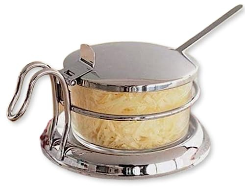 TableCraft 357 Condiment Jar Set with Spoon, 6 oz Clear Glass Jar with 18-8 Stainless Steel Lid, Spoon and Holder, Polished Tabletop Dispenser for Home or Restaurant Use
