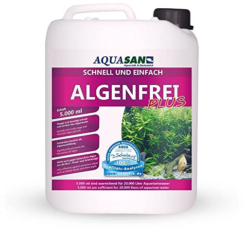 AQUASAN Aquarium Algenfrei Plus (Aquarium Algenvernichter, Algenentferner - Gegen nahezu alle Algen - Bartalgen, Pinselalgen, Schmieralgen), Inhalt:5 Liter