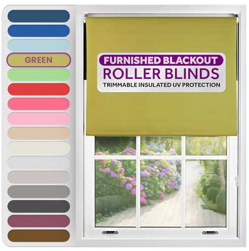 FURNISHED Roller Blinds Thermal Blackout Roller Blind - Trimmable Insulated UV Protection Child Safe Easy Fit Home Office Window Blinds, Green, 60W x 165H cm