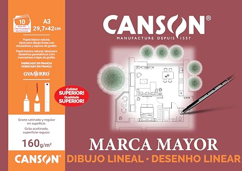 Canson Dibujo Lineal, Papel de dibujo blanco, Suave, 160gsm, Minipack, A3-29,7x42cm, Blanco, 10 Hojas