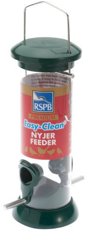 RSPB 68483197 Premium Hanging Nyjer Seed Feeder, Easy Clean, Aluminium, bird seed niger feeder. supporting charity. Wild bird, for use in gardens & outdoors pouches,Green, 9-inch