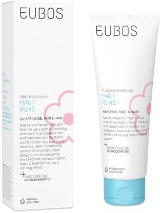 GEL DE LAVADO PARA PIEL Y CABELLO DE EUBOS PIEL EN CALMA: limpia suavemente la piel seca de los niños y bebés | También para la dermatitis atópica | Para usar como gel de ducha o champú | 125ml