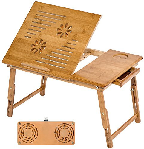 tectake® Table de lit en Bambou, Table lit 4 Niveaux d'inclinaison et Double Ventilateur avec Port USB, Support Ordinateur Portable 55 x 35 x 26 cm, pour Ordinateur Portable, Liseuse, Ipad, Tablette