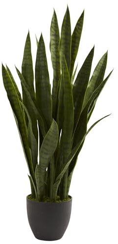 Nearly Natural 35in Artificial Snake Plant, Sansevieria Faux Greenery with Black Planter for Indoor Home Office Decor, Low Maintenance