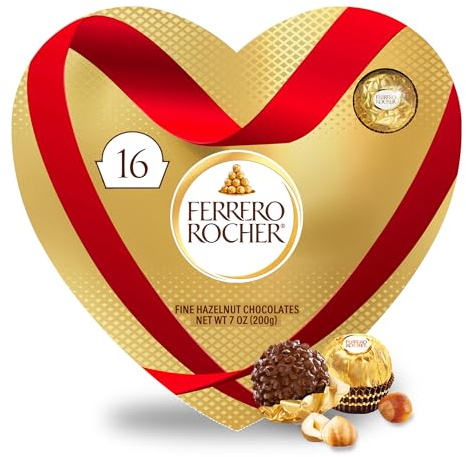 Ferrero Rocher Fine Hazelnut Chocolates, Valentine’s Day Heart Gift Box, 16 Piece Premium Chocolate for Gifting, 7 oz