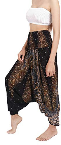 Banjamath Women's Peacock Print Aladdin Harem Hippie Pants Jumpsuit (M,Peacock Black)