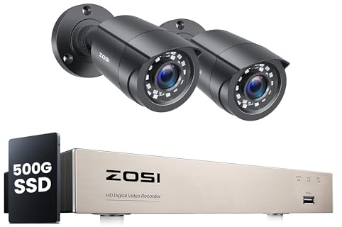 ZOSI 1080P Home CCTV Camera System with Human Vehicle Detection, 5MP Lite H.265+ 8CH DVR Recorder with 500GB SSD, 2pcs 2MP Weatherproof Outdoor Security Cameras, 80ft IR Night Vision, Smart Alerts