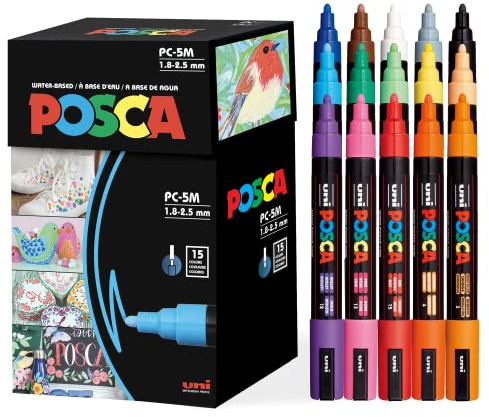 Posca Paint Art Markers, Set of 15 5M Medium Acrylic Markers with Reversible Tips, Artist Recommended Paint Pens for Gifts, Decorations, Fabric, Metal, Windows, Wood and Canvas