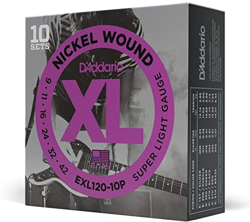 D'Addario EXL120-10P Nickel Wound Electric Guitar Strings, Super Light, 9-42, 10 Sets