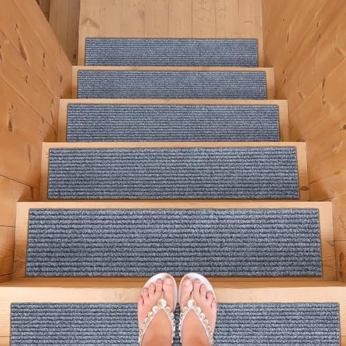 Ottomanson Non-Slip Stair Treads for Wooden Steps – Set of 14 Low-Profile Scraper Stair Mats with Rubber Backing, Indoor Staircase Protection for Kids & Pets – Dirt-Trapping Step Covers, 8 x 30,Gray