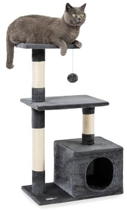 lionto Kratzbaum für Katzen mit Höhle und Plüschball inkl. Glöckchen, Höhe 85 cm, Katzenbaum mit Sisal & Plüsch, gemütliche Liegeflächen & Höhle, für kleine & große Katzen geeignet, dunkelgrau