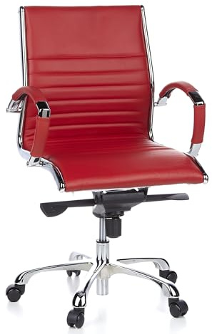 hjh OFFICE 660532 Chaise de Bureau, Fauteuil de Direction Parma 10 Rouge en Cuir véritable pour Un Usage intensif, avec accoudoirs en Acier chromé, Dossier Moyen et inclinable, piètement en alu
