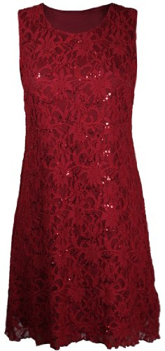 New Womens Floral Lace Sleeveless Scoop Neckline Ladies Layer Lined Sequin Evening Dress Plus Size Red Size 12-14