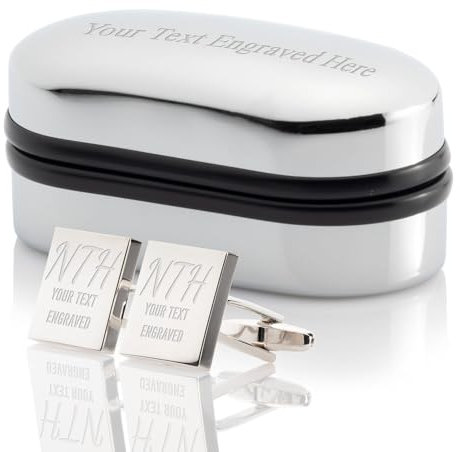 EIO Gifts Personalised Silver Rectangular Cufflinks – In Personalised Chrome Case – Engraved With Your Custom Text
