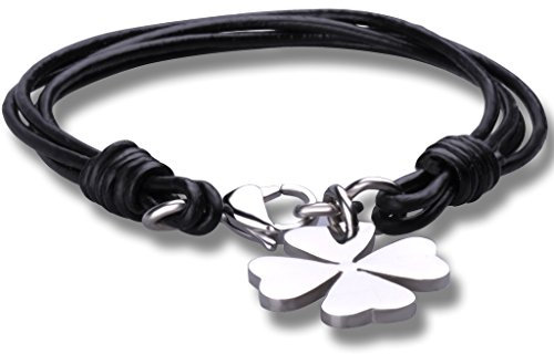 Feilok Damen-Armband Damen-Armreifen mit Vier Blatt Klees Anhänger Leder Geflochtene aus Edelstahl Unisex Wickelarmband 8 Farben