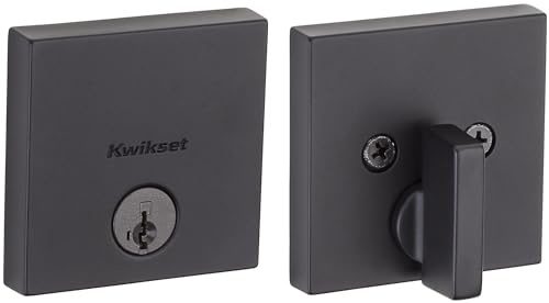 Kwikset 92580-008 258 Downtown Low Profile Slim Square Modern Contemporary Single Cylinder Deadbolt Door Lock featuring SmartKey Security in Iron Black