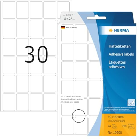 HERMA Removable Labels, 30 Labels per Sheet, 24 Sheets, 19 x 27 mm, 720 Labels, Self Adhesive Small Labels Stickers, Blank Sticky Multi Purpose Labels for Office Kitchen Home, White