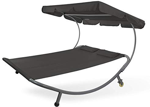 DEMA Doppelliege Palma Schwarz mit Sonnendach - Gartenliege, Relaxliege, Freizeitliege - bequem, wetterfest, langlebig - Garten, Terrasse, Balkon, Outdoor