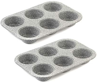 Salter COMBO-5357 Non-Stick 6 Cup Muffin Baking Tray, Set of 2, Bakeware Mould for Cupcakes, Yorkshire Puddings, Brownies, Carbon Steel Ovenware, PFOA Free, Easy to Clean, Marblestone, Grey